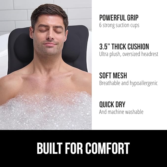 GORILLA GRIP Bath Pillow for Tub, 6 Strong Suction Cups, 4D Mesh FlexComfort Headrest for Neck, Head and Back Support, Luxury Machine Washable Pillows, Bathtub Accessories, Spa Gifts for Women, Black