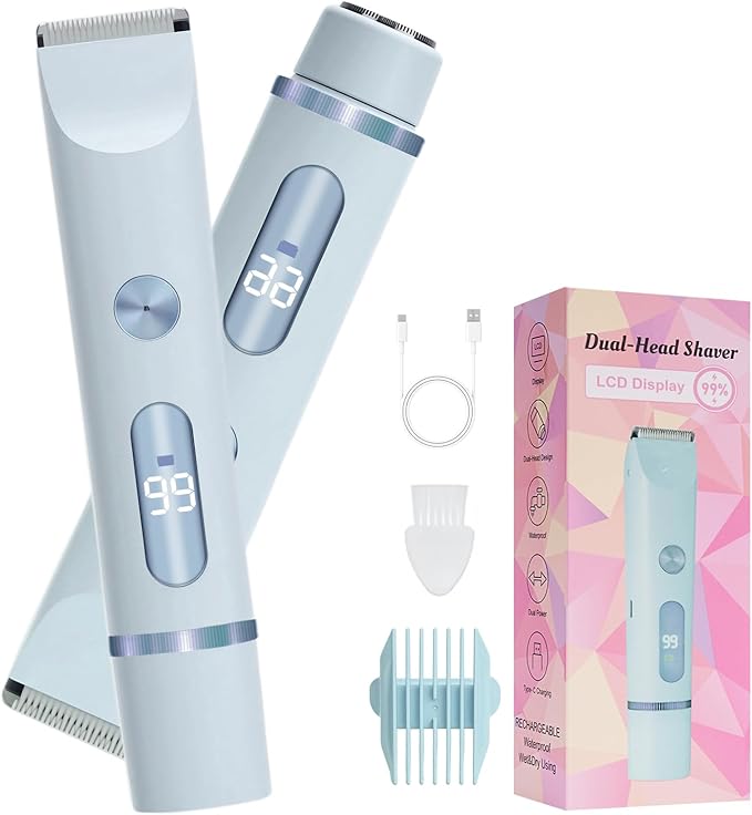 2026 Upgraded 2 in 1 Bikini Trimmer for Women with LCD Display,Dual Head Cordless Electric Bikini Shaver,IPX7 Waterproof Wet/Dry Body Hair Trimmer for Face,Azure
