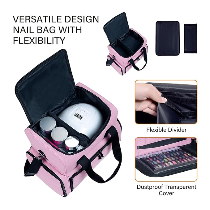 Nail Polish Organizer Holds 80 Bottles & Nail Art Lamp, Portable Large Capacity Storage with 2 Removable Storage Bags Store Nail Art Tools, Suitable for Manicurists and Manicure Enthusiasts(Pink)