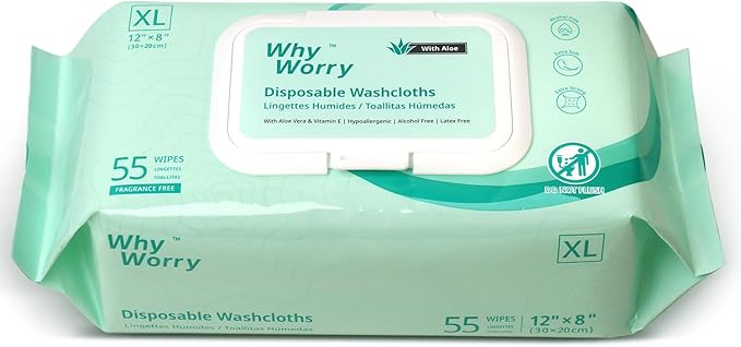 WhyWorry Extra Large Wet Wipes for Adults, 8" x 12", Unscented, 55 Count