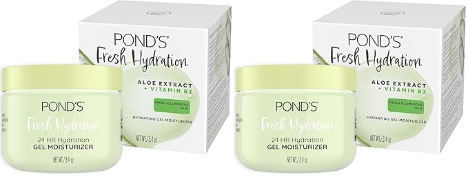 POND'S Fresh Hydration Gel Moisturizer – 24 HR Hydration with Aloe Vera Extract,Vitamin E & B3 Niacinamide – Alcohol & Oil-Free Face Moisturizer-– Dermatologist Tested,3.4 oz,(Pack of 2)