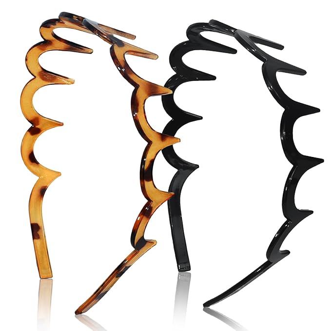 TOSEFES 2026 Zigzag Headbands for Women, 2-Pack U-Shaped Hair Comb Headbands, Non-Slip Slick-Back Hair Accessories, Black & Tortoise Recycled Plastic, Teeth Hairband for Everyday Styling & Workout