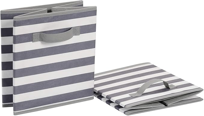 Amazon Basics Collapsible Fabric Storage Bins with Handles, Cube Organizer for Home Organization, 10.5"x10.5"x11", White/Light Grey Stripe, 6 Count (Pack of 5)