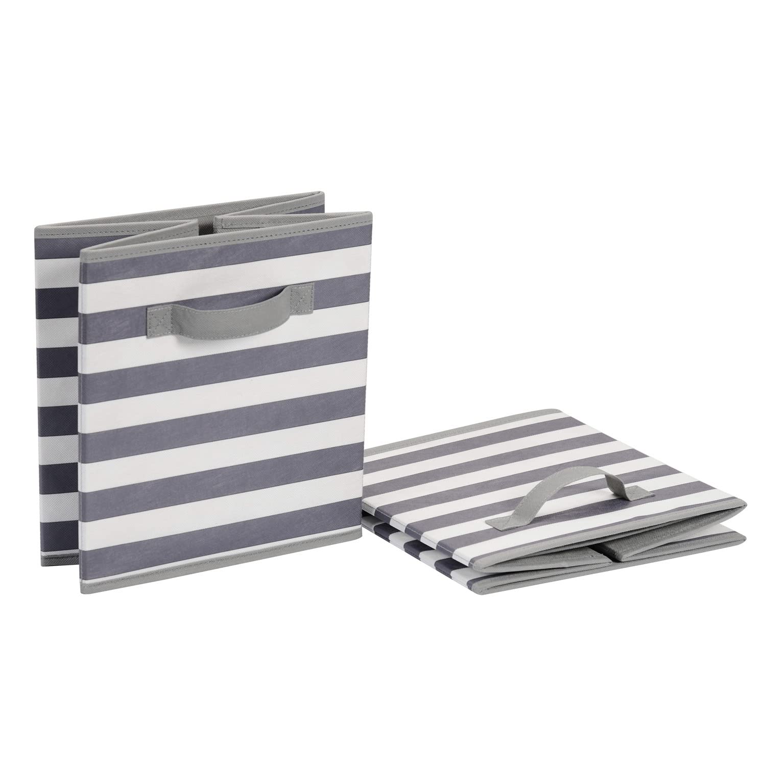 Amazon Basics Collapsible Fabric Storage Bins with Handles, Cube Organizer for Home Organization, 10.5"x10.5"x11", White/Light Grey Stripe, 6-Pack