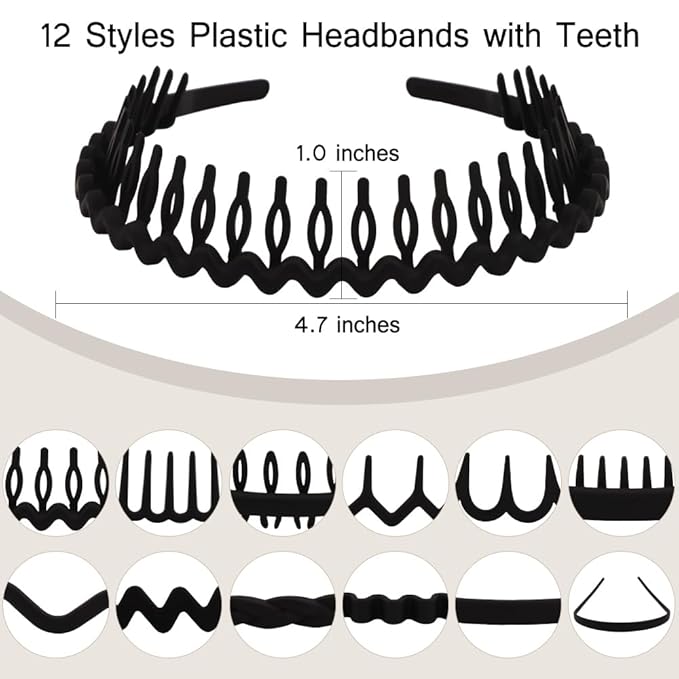 TOBATOBA 12Pcs Black Headbands for Women with Teeth Plastic Head Bands for Women's Hair Non Slip Comb Skinny Zig Zag Headbands Fashion Hair Accessories for Women Men Teen Girls