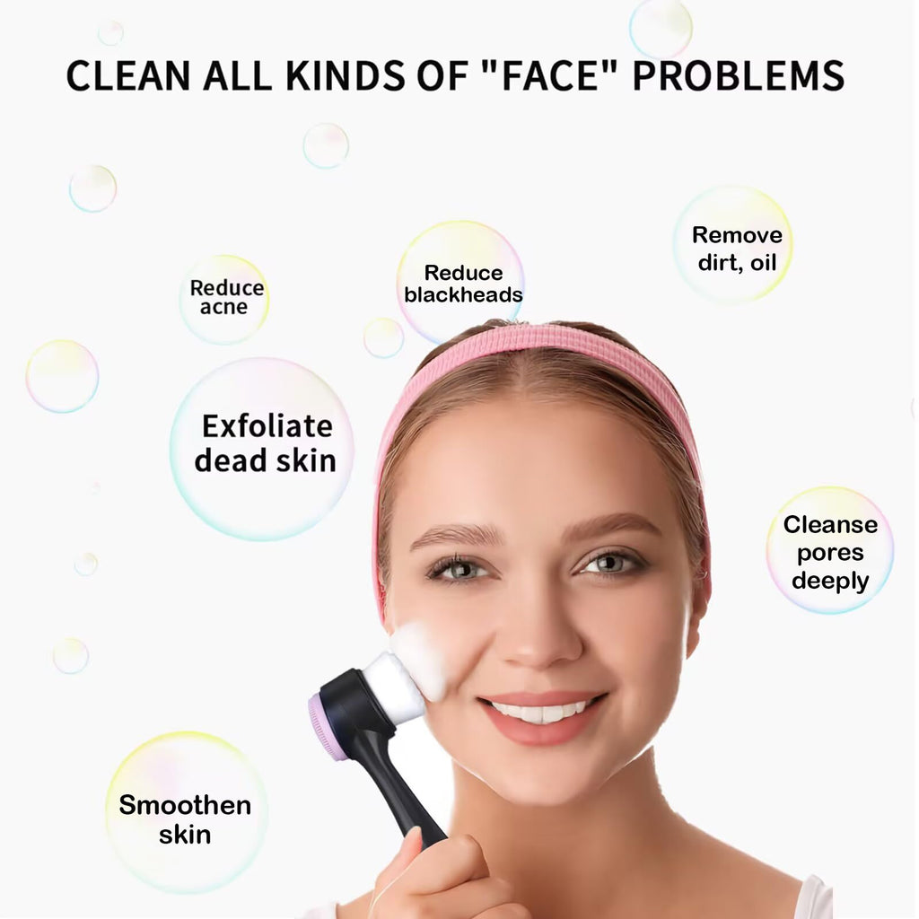 Beomeen Face Brush 2 in 1, Facial Cleansing Exfoliating Scrubber Brush, Silicone Double Side Manual Face Wash Scrub Brush with Soft Bamboo Charcoal Fiber for Deep Pore Cleansing, Massaging, Skin Care