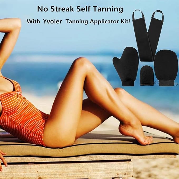 Yvoier Self Tanning Mitt Applicator Kit 4 in 1 Self Applicator Set with Exfoliating Glove,Tan Mitt Applicator, Tanning Back Lotion Applicators for Your Back,Face Mitt for Tanning Lotion, Spray, Mousse