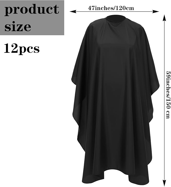 Kifmurase 12 Pcs Barber Cape with Adjustable Snap Closure, Hair Cutting Cape, 59 x 47 Salon Apron for Women Men, Professional Hair Cutting Salon Capes for Hairstylist Hair Dye, Black