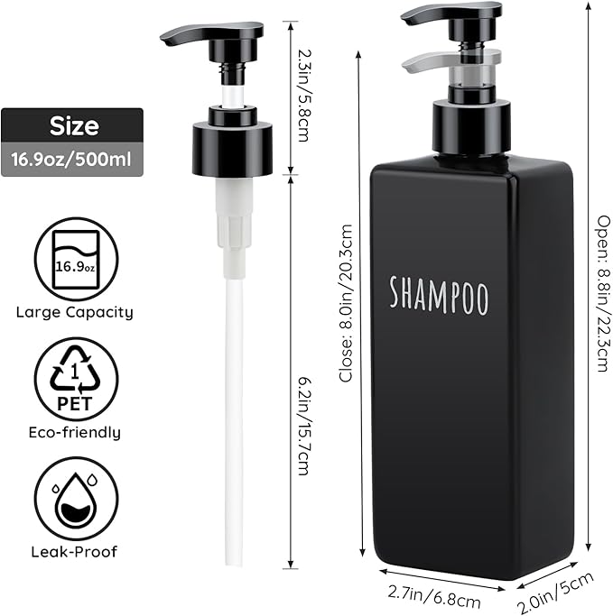 Segbeauty 6pcs 16.9oz Refillable Soap Dispenser Set, Empty Plastic Hand Soap Dispenser, 500ml Square Black Hand Wash Dispensers, Press Pump Shampoo and Conditioner Bottle for Shower Bathroom Kitchen