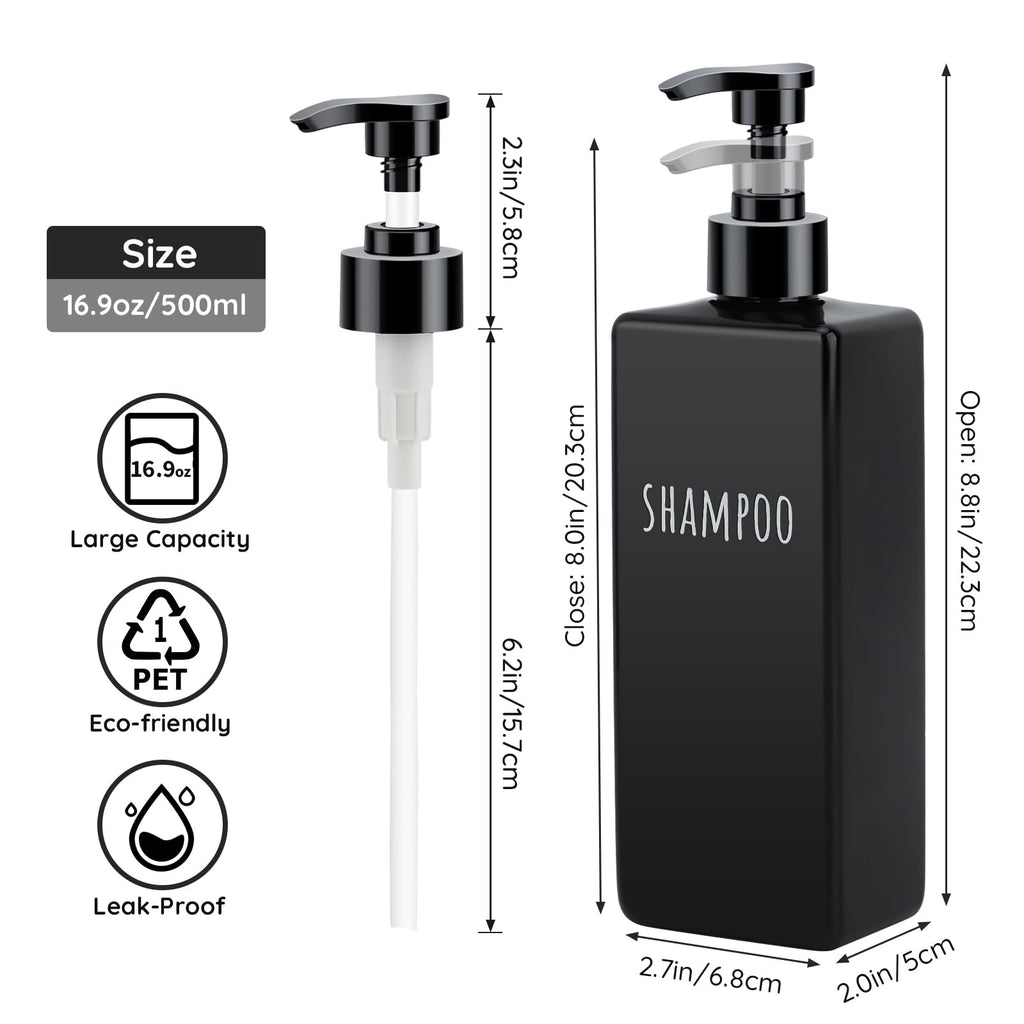 Segbeauty 6pcs 16.9oz Refillable Soap Dispenser Set, Empty Plastic Hand Soap Dispenser, 500ml Square Black Hand Wash Dispensers, Press Pump Shampoo and Conditioner Bottle for Shower Bathroom Kitchen