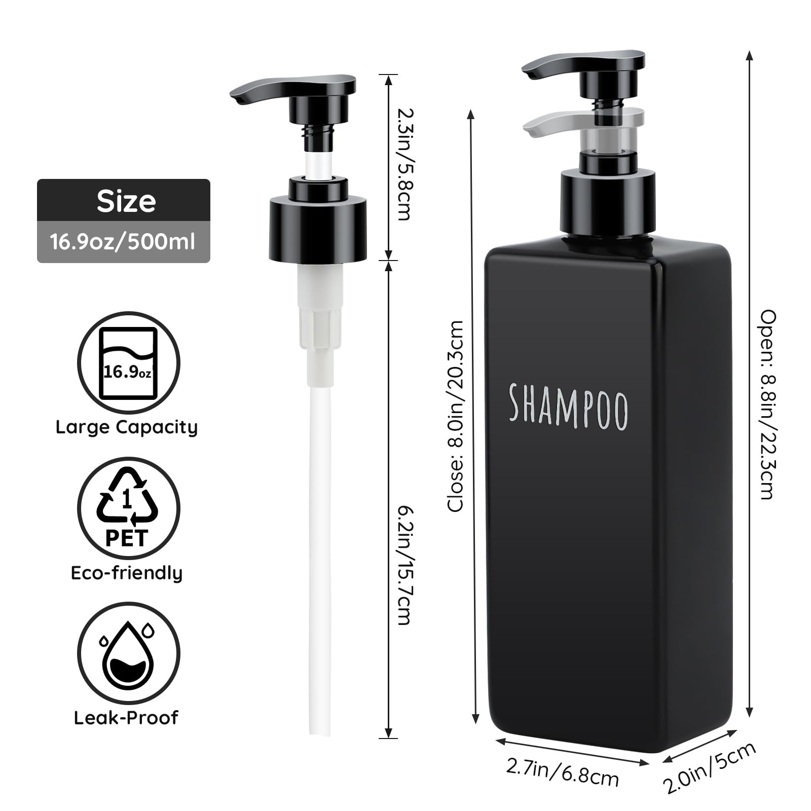 Segbeauty 6pcs 16.9oz Refillable Soap Dispenser Set, Empty Plastic Hand Soap Dispenser, 500ml Square Black Hand Wash Dispensers, Press Pump Shampoo and Conditioner Bottle for Shower Bathroom Kitchen