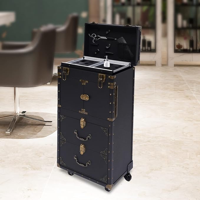 Rolling Lockable Makeup Train Case, Hairdressing Trolley Travel Organizer Tool Box Stylist Beauty Salon Cosmetic Luggage with Hair Dryer Holder for Barber Stores Hairdressing Colleges Homes