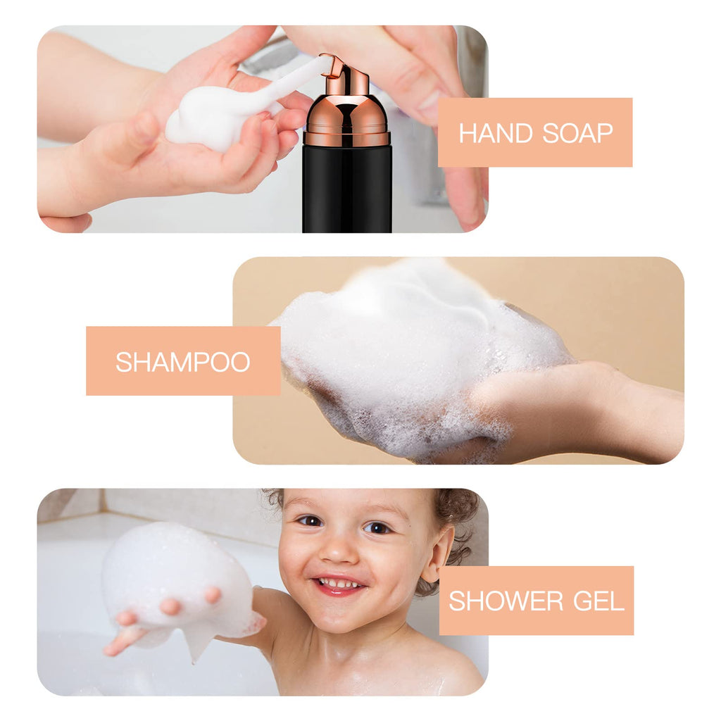 Owlyee Travel Foam Pump Bottle - 2oz Small Size Foaming Hand Soap Dispenser - Mini Portable Mousse Lash Shampoo Kit Container for Hair - Empty Leak Proof Rose Gold &Black,White,Pink Foamer 3Pack