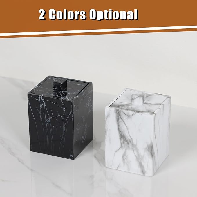 Jung Ford 2-Pack Marble Pattern Cotton Swab Holders with Lids, Resin Bathroom Vanity Storage Jars, Square Qtip Containers for Cotton Balls, Pads, and More (White)