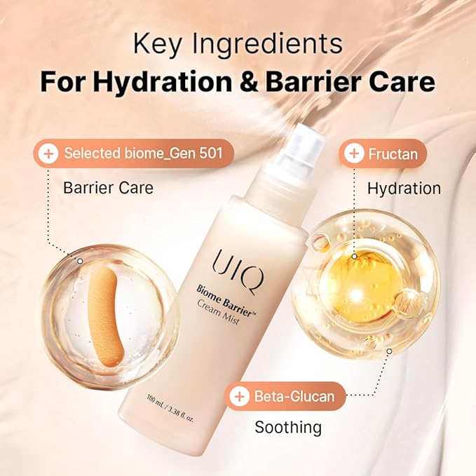 UIQ Biome Barrier Cream Mist, Deep Hydration Face Mist with Hyaluronic Acid & Niacinamide, Microbiome Glowing Skin Care, 100ml / 3.38 fl.oz