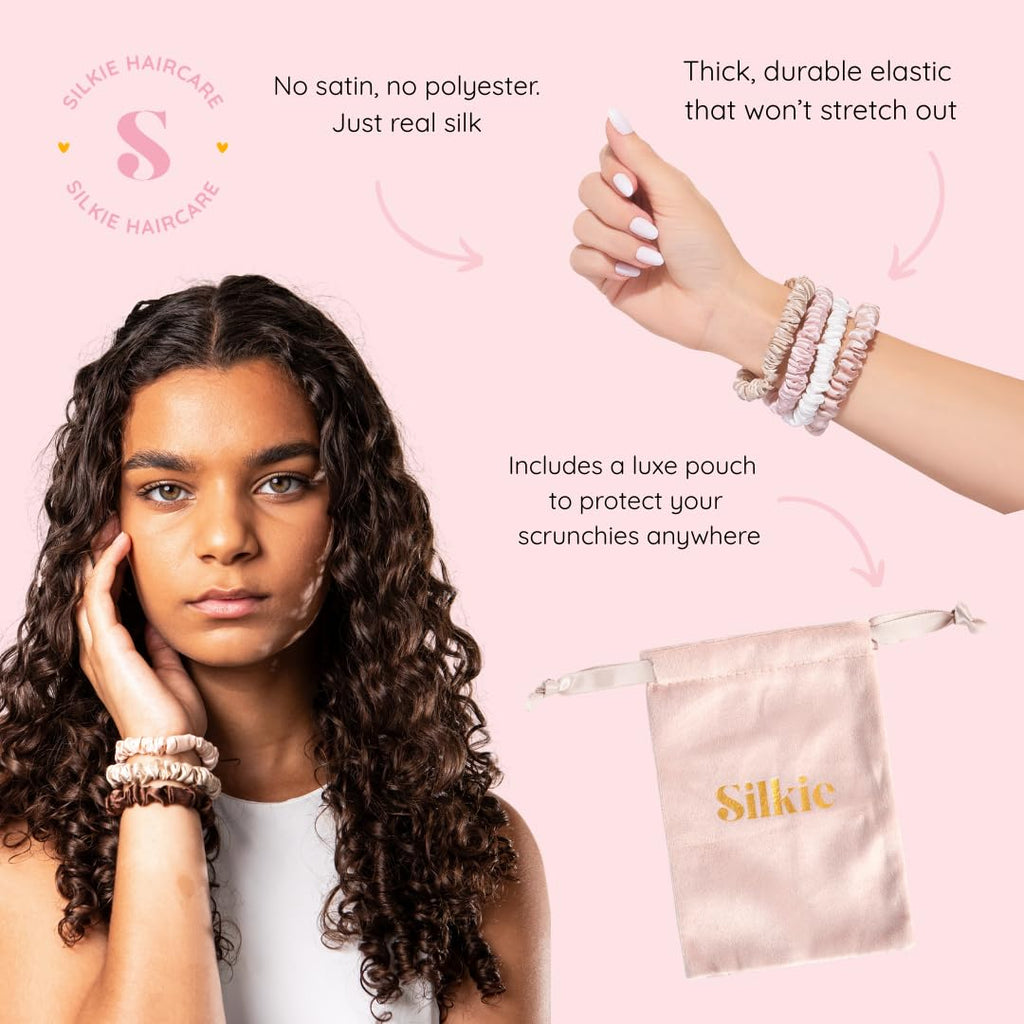 SILKIE x4 Set 100% Pure Mulberry Silk Black Brown Chocolate Pink Nude Neutral Skinny Scrunchies Travel Pouch Everyday Hair Ties Elastics Hair Care Ponytail Holder No Damage (Champagne)