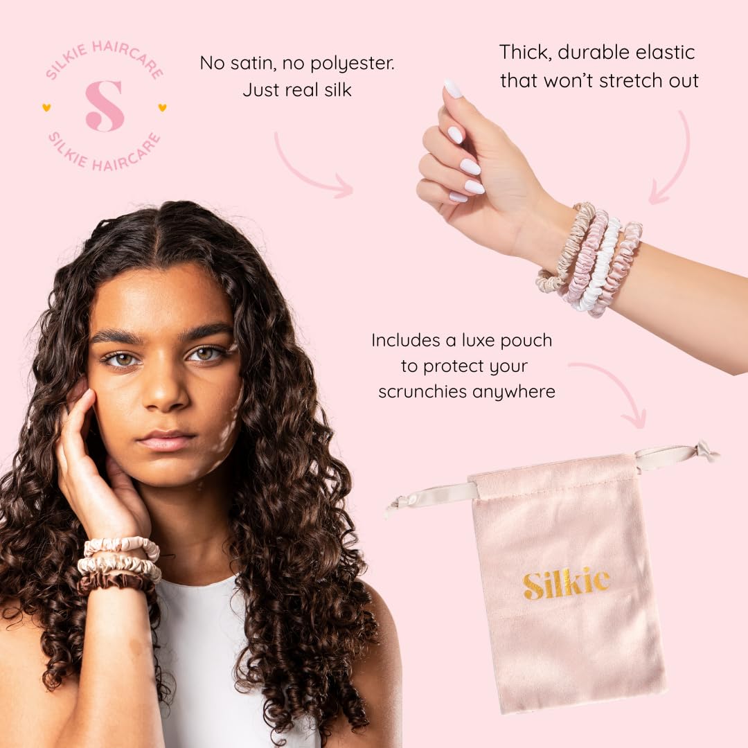 SILKIE x4 Set - Better than Satin - 100% Pure Mulberry Silk Black on Black Skinny Scrunchies Travel Pouch Everyday Hair Ties Elastics Hair Care Ponytail Holder No Damage (Noir)