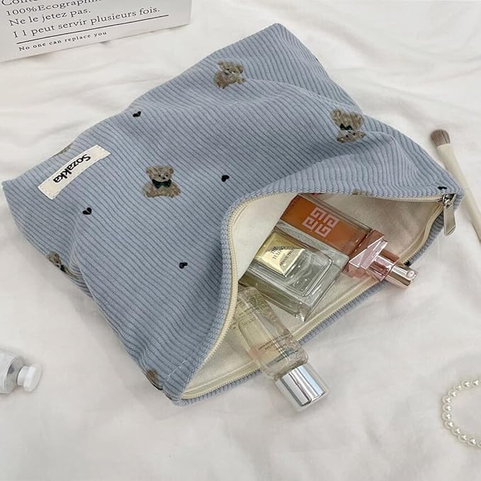 SxoSyo Corduroy Makeup Bags, Bear Cosmetic Pouch, Blue