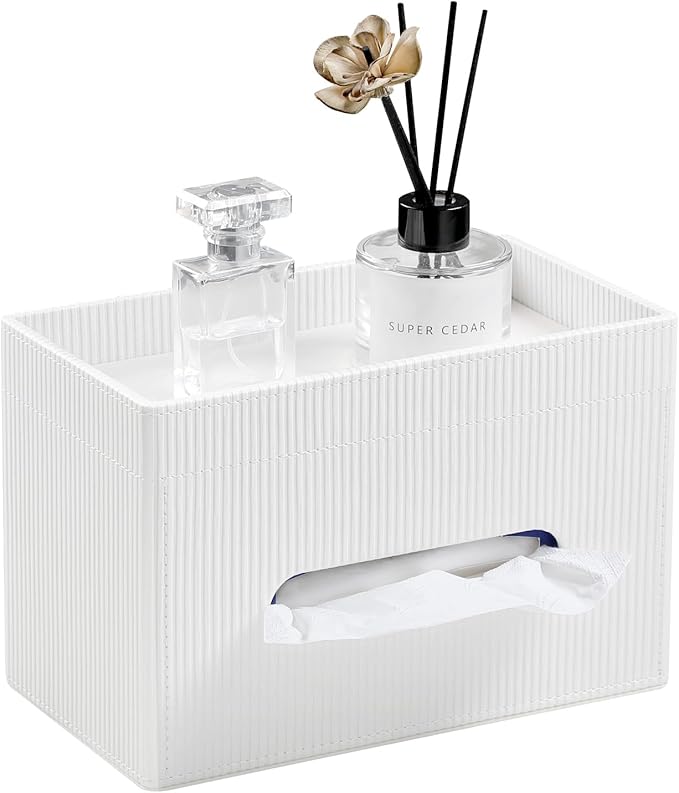 Tissue Box Cover Rectangle with Storage Tray, PU Leather Tissue Holder for Bathroom Vanity Countertop Night Stands Bedroom Office Desk, Stylish Rectangular Tissue Box Holder (Ivory)