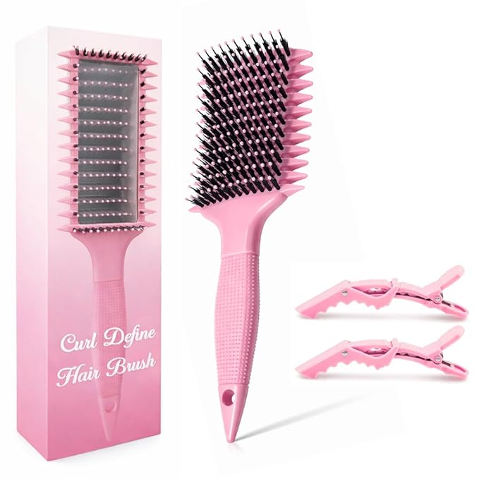 Curl Defining Brush with Hair Clips – Detangling Tool for Wet or Dry Styling, Ideal for Curly Hair, Women & Girls (Pink)