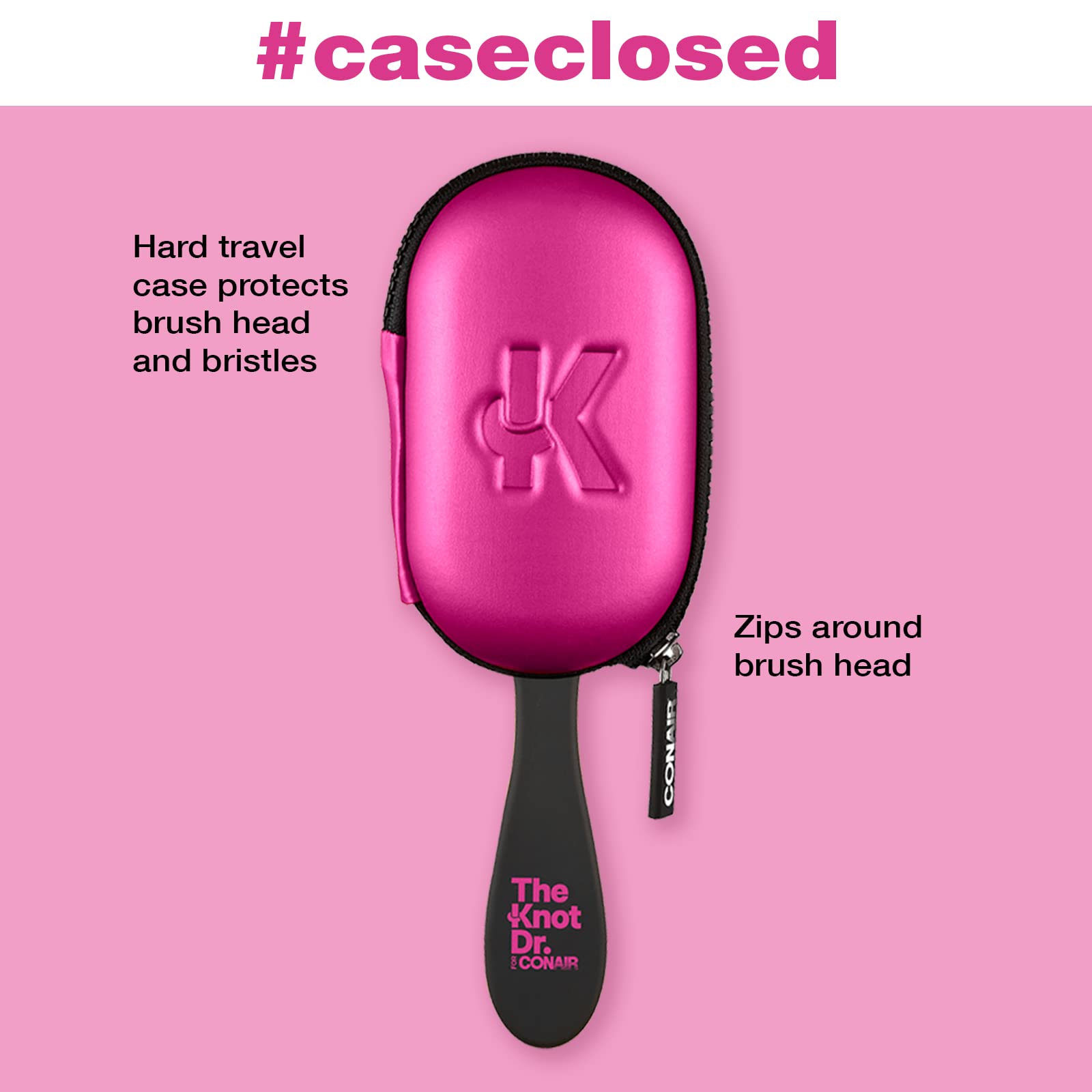 The Knot Dr. hair brush by Conair - Detangling hair brush - Removes Knots and Tangles in wet or dry hair- Black Neon w/Travel Case - Pink