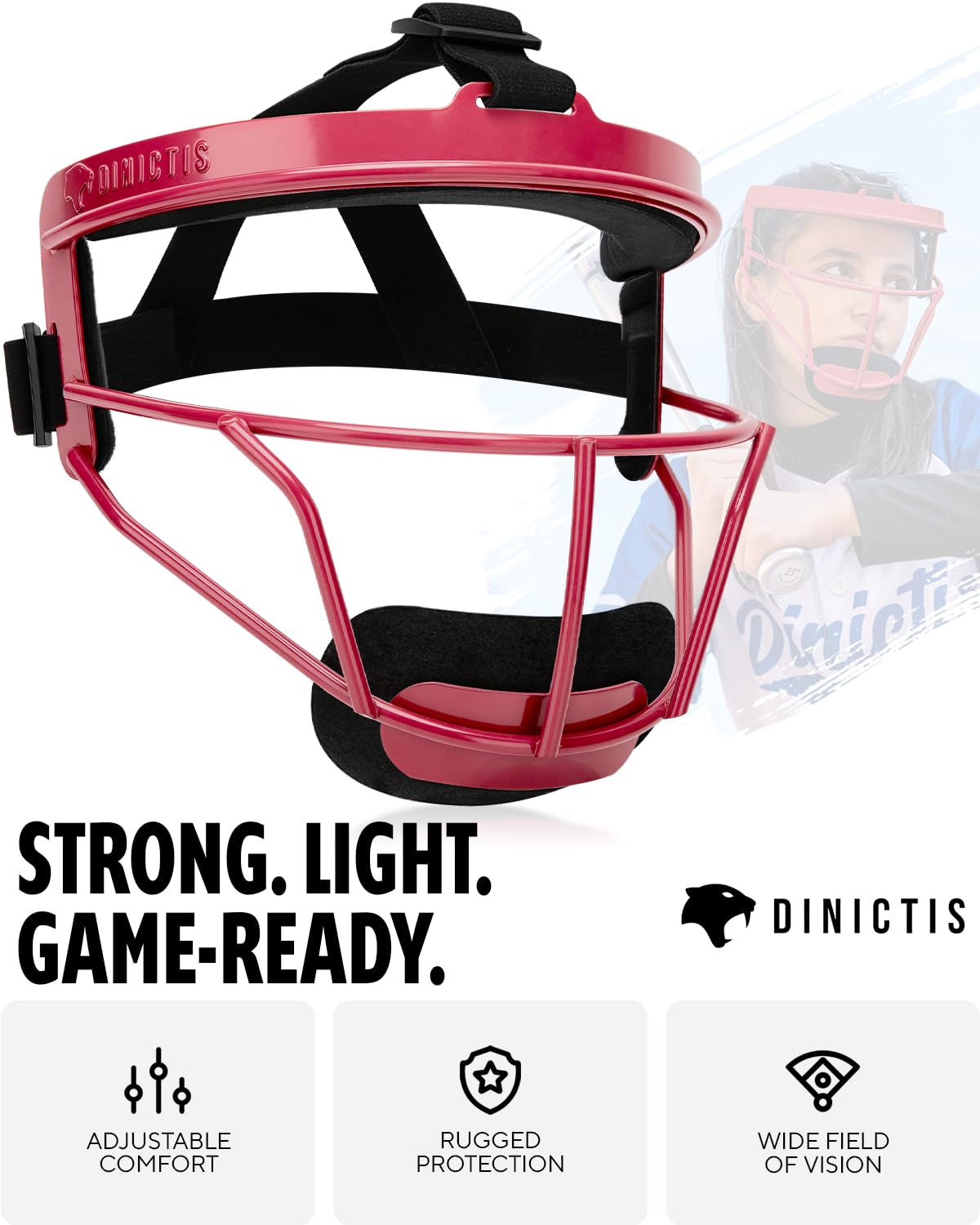 Dinictis Softball Face Mask, Lightweight, Comfortable, with Wide Field Vision, Durable and Safe Face Guards, Premium Protective Softball Fielder's Mask-Red-Adult(L)