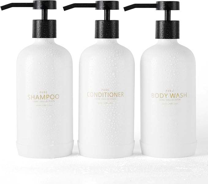 Janxin Shampoo and Conditioner Dispenser Set of 3,Refillable 21oz Shampoo Bottles with Non-Slip Protective Silicone Pad,Shower Soap Dispenser with Waterproof Labels for Bathroom (White)
