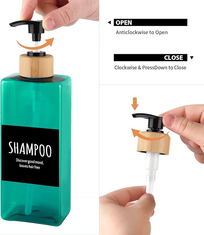 Shampoo and Body soap Dispenser, 16.9 Ounce 3-Pack Reusable Shampoo and Conditioner Bottle, pushable Bamboo Pump Empty Shampoo Bottle, Suitable for Other Bathroom scenarios (Green)