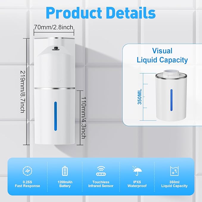 Automatic Soap Dispenser,Touchless Hand Wall Mount Rechargeable 3 Gear Adjustable Electric Soap Dispenser 350ml with Infrared Motion Sensor for Bathroom,Kitchen,Office, White Gel