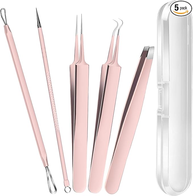 Teenitor Blackhead Remover Kit, Pimple Popper Tool Kit, 2 Blackhead Extractor, 1 Ingrown Hair Tweezers, 2 Pimple Extractor Pore Extractor Acne Tools for Face