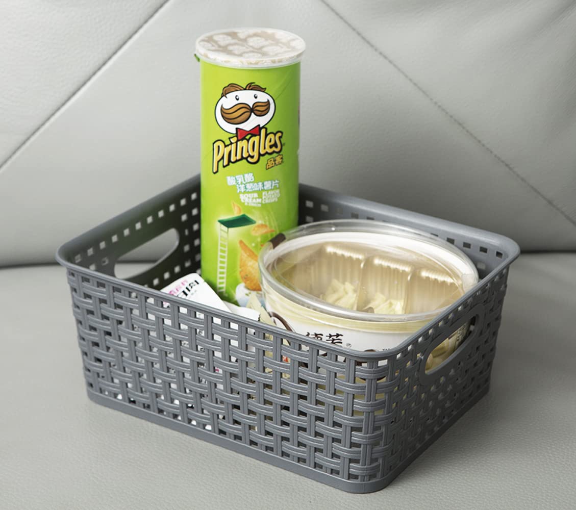 ZHENFAN Grey Plastic Woven Storage Basket, 6-Pack Weave Gray Basket Organizer for Kitchen Office Bathroom