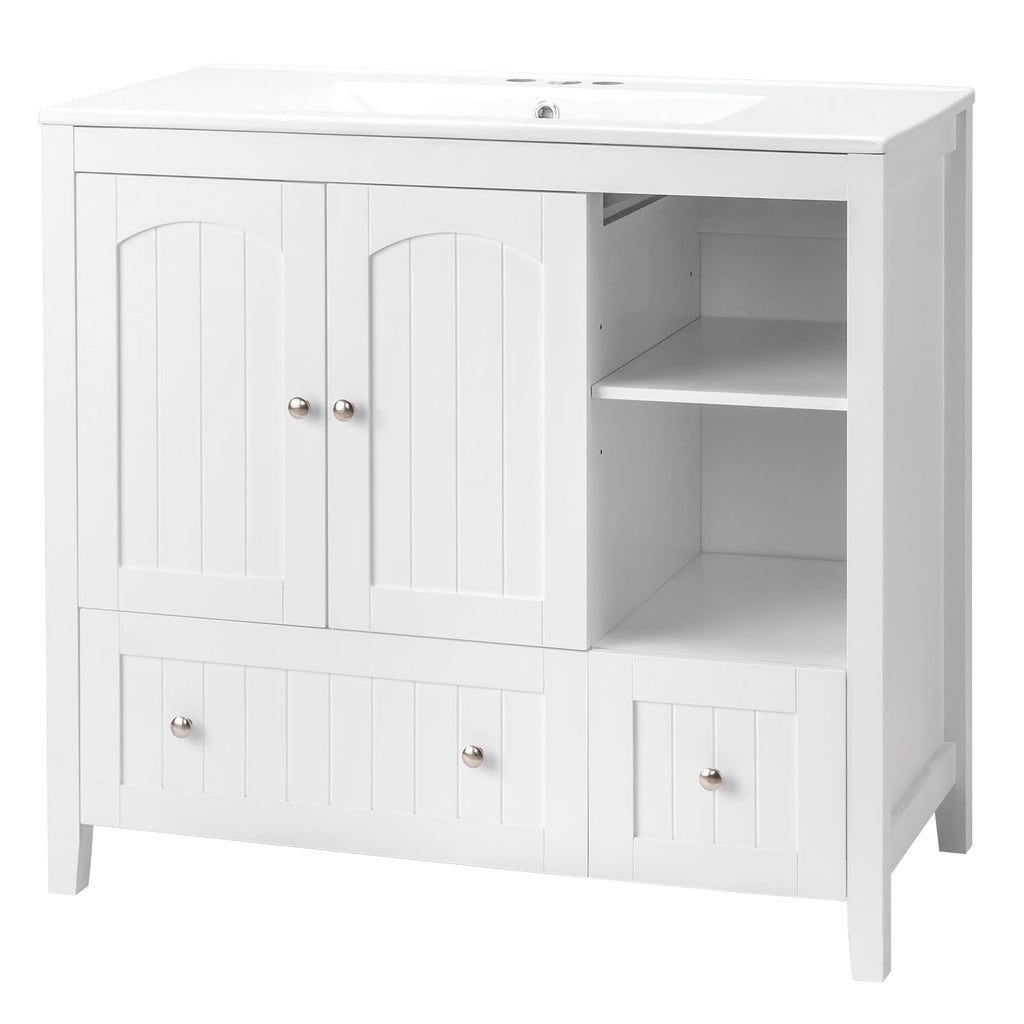 VINGLI 36" Modern Bathroom Vanity with Ceramic Sink, White Bathroom Vanity Cabinet w/2 Stripe Doors & 2 Drawers, Bathroom Sink Cabinet Combo, Floor Storage Cupboard w/Open Shelf for Bathroom