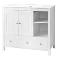 VINGLI 36" Modern Bathroom Vanity with Ceramic Sink, White Bathroom Vanity Cabinet w/2 Stripe Doors & 2 Drawers, Bathroom Sink Cabinet Combo, Floor Storage Cupboard w/Open Shelf for Bathroom