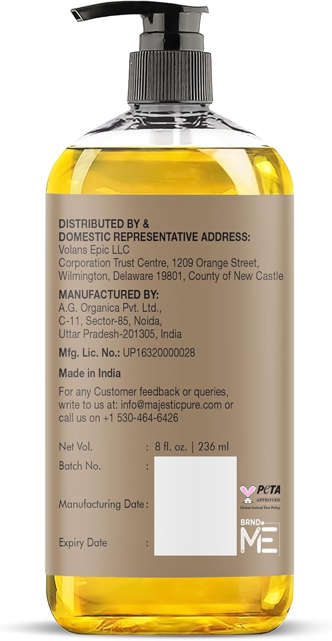 Majestic Pure Oil - 100% Pure and Natural- Cold Pressed & Hexane Free Natural Hair Growth Oil for Eyelashes, Eyebrows, Skin, Body, Face, Nails & Scalp - USDA Organic Castor Oil 8 Fl Oz