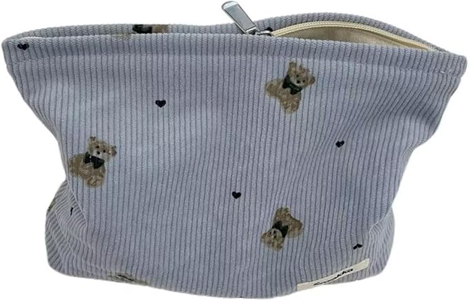SxoSyo Corduroy Makeup Bags, Bear Cosmetic Pouch, Blue