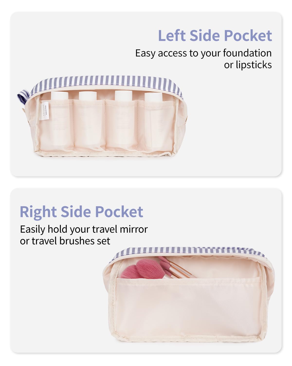 Narwey Cute Makeup Bag Small Toiletry Bag Travel Cosmetic Bag Organizer Make Up Bags with Organized Pockets for Women (Greyish Blue Stripe, Large)