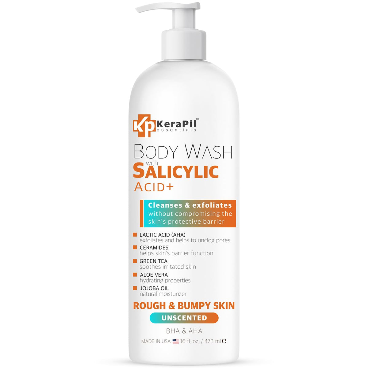 KERAPIL Salicylic Acid Body Wash for Rough & Bumpy Skin | Exfoliating Body Wash to Help Smooth Skin Texture | Salicylic Acid, Lactic Acid & Ceramides | 16 fl oz