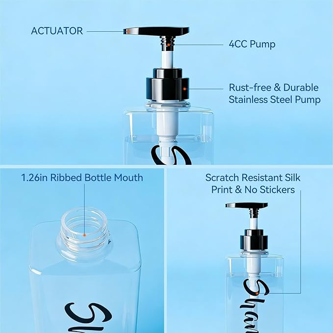 AUMIO 16.9oz Clear Shampoo and Conditioner Dispenser Set of 3, Refillable Empty Shampoo Bottles with Pump for Shower, Printed Plastic Soap Dispenser for Bathroom, Rectangular Body Wash Container Sets