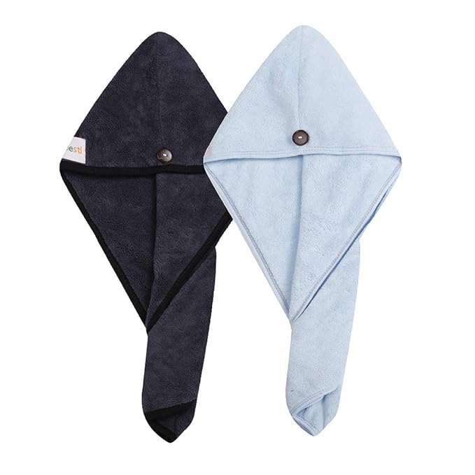 M-bestl 2 Pack Hair Drying Towels, Hair Towel Wrap,Absorbent Microfiber Hair Towel Turban with Button Design to Dry Hair More Quicker(Blue&Dark Gray)