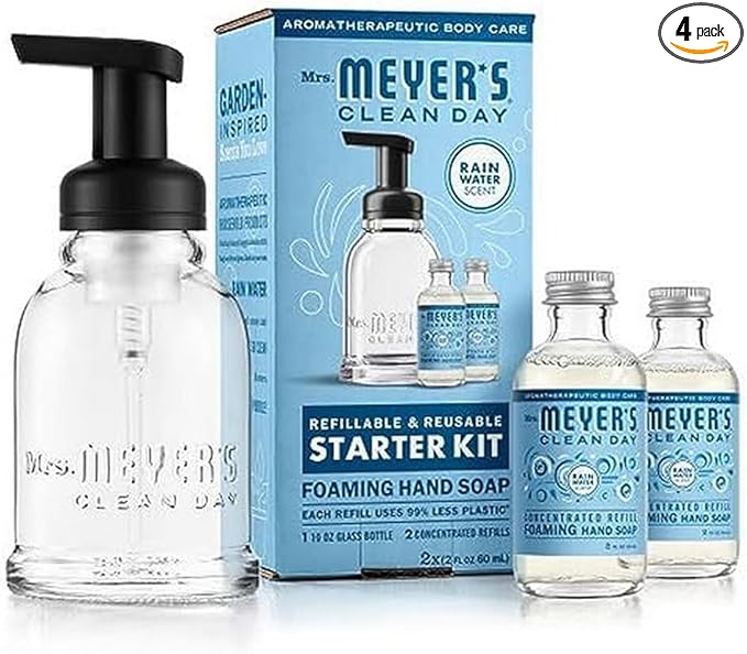 MRS. MEYER'S CLEAN DAY Foaming Hand Soap Dispenser & Concentrate Starter Kit,1 Glass Dispenser (10 Fl. Oz.) & 2 Concentrated Refills (2 Fl.Oz. each),Rain Water, Makes 20 Fl. Oz. of Foaming Soap Total