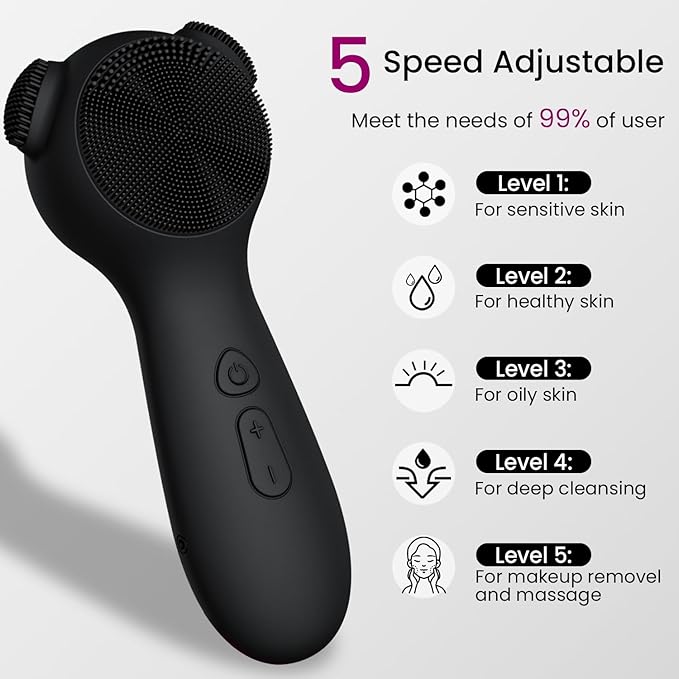 Silicone Face Scrubber Exfoliator Electric for Men Women, Rechargeable Facial Cleansing Brush with Wireless Charging Dock, Waterproof Sonic Vibrating Face Scrub Brush Cleanser for Exfoliating, Black