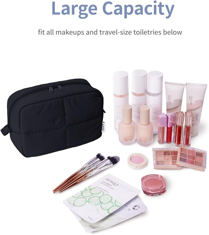 Narwey Travel Makeup Bag for Women Girl, Quilted Cosmetic Bag Make Up Organizer Bags, Puffer Travel Toiletry Bag for Toiletries (Black)