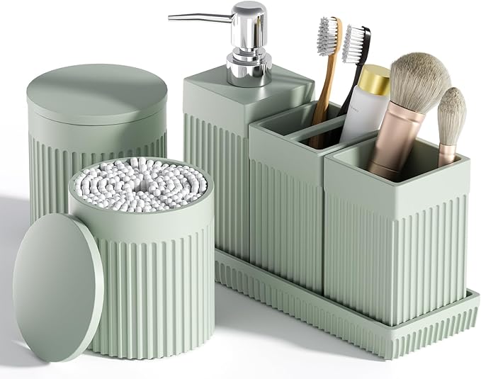 InnJoey Bathroom Accessories Set, 6-Piece Resin Green Bathroom Set with Toothbrush Holders, Soap Dispenser, Vanity Tray, Tumbler, Cotton Swab Jars, Modern Bathroom Organizer for Small Spaces