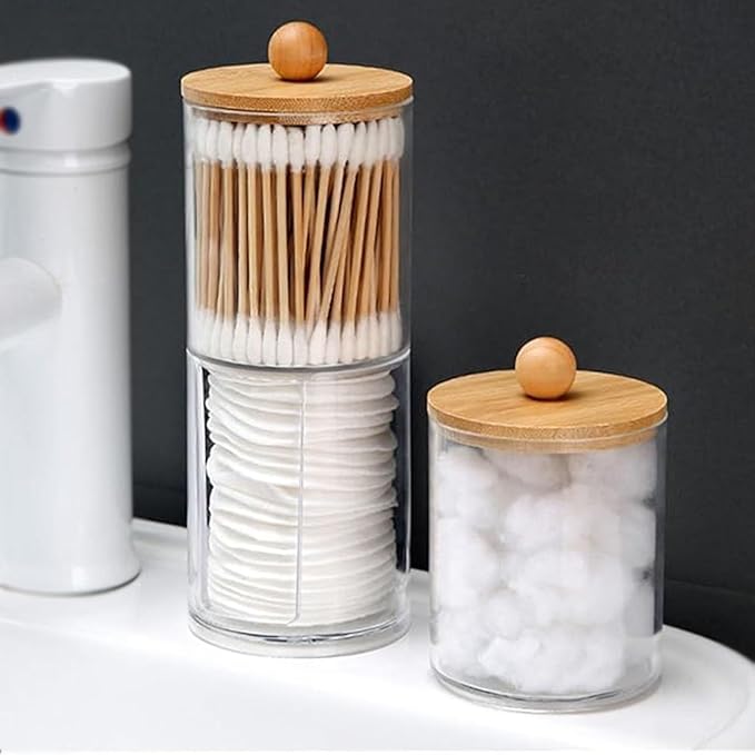 DIYOHFE 3PCS Acrylic Qtip Dispensers Holders With Wood lid, Clear Bathroom Round Countertop Storage Organizer Canister for Cotton Balls,Swabs,Pads,Bath Salts ,Makeup Sponges,Tooth Floss