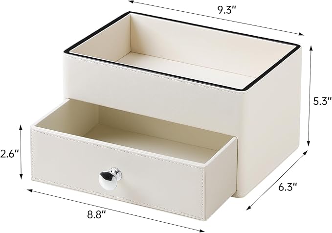 MEIBOOCH PU Leather Desk Organizer with Drawer, Multifunctional Nightstand Organizer, Waterproof Makeup Organizer for Vanity Bathroom Countertop Bedside Table (Beige)