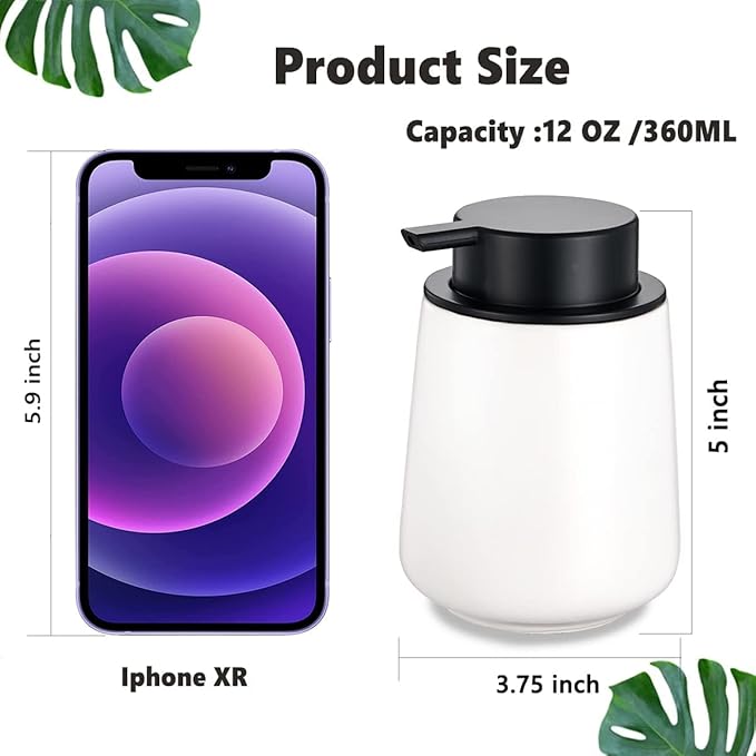 12Oz Hand Soap Dispenser Set - 2 Pack Ceramic Foam Soap Dispenser Set with Easy-to-Press Black Pump, Refillable Mordern Foaming Dish Soap Dispensers for Bathroom & Kitchen (White, Foam Pump)