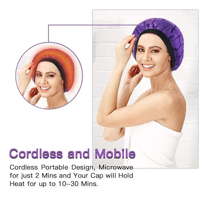 Beautybaby Cordless Deep Conditioning Heat Cap, Microwavable Treatment Steaming Heat Cap for Thermal Spa Curly Hair, 100% Natural Cotton Flaxseed Seed Interior