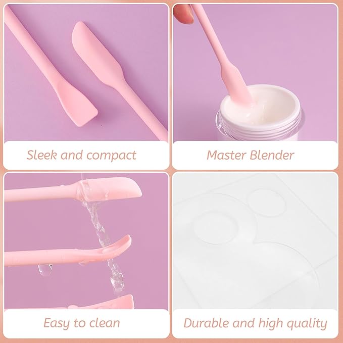 LuckyOpt Makeup Mixing Palette Spatula Set, 2PCS Mini Acrylic Makeup Palette & 2PCS Silicone Skincare Spatula, Cream Foundation Palette for Mixing and Save Cosmetics (Pink,Square+Heart)