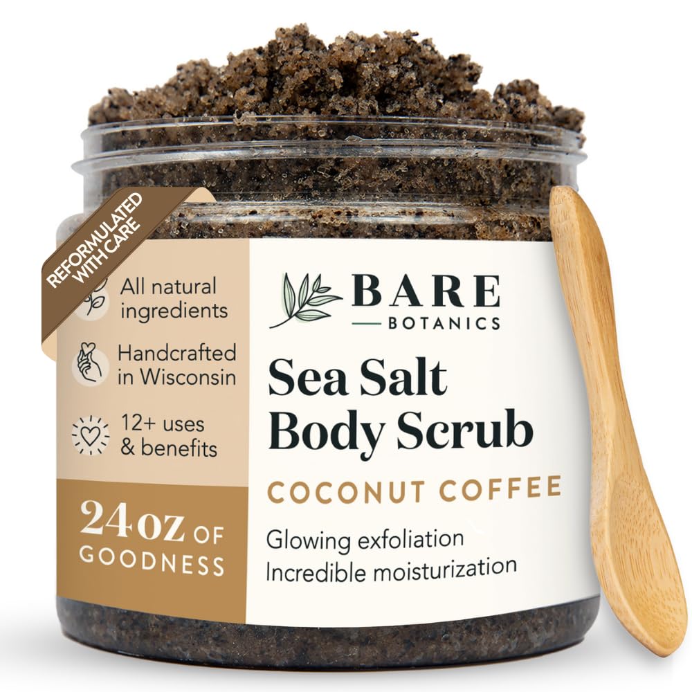 Bare Botanics Coconut Coffee Body Scrub 24oz | Made in Madison, WI | All Natural Sea Salt Exfoliator w/ Skin Loving Moisturizers | Vegan & Cruelty Free | Gift Ready Packaging w/ a Cute Wooden Spoon