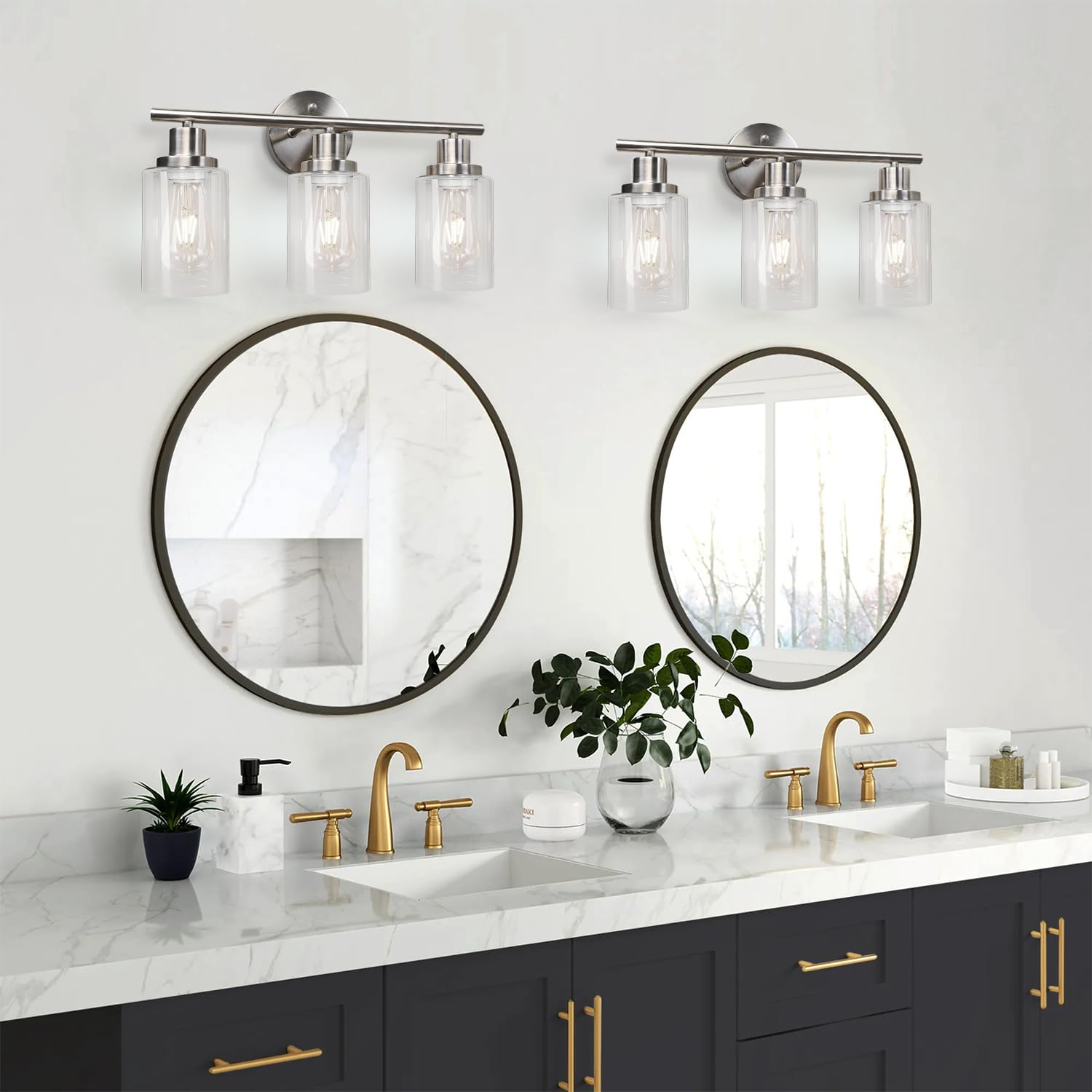 Unicozin 3 Light Vanity Lights, Brushed Nickel Wall Sconce Light with Clear Glass, Bathroom Light Fixtures, Wall Lights for Mirror, Living Room, Bedroom, Hallway, E26 Base (Bulbs Not Included)